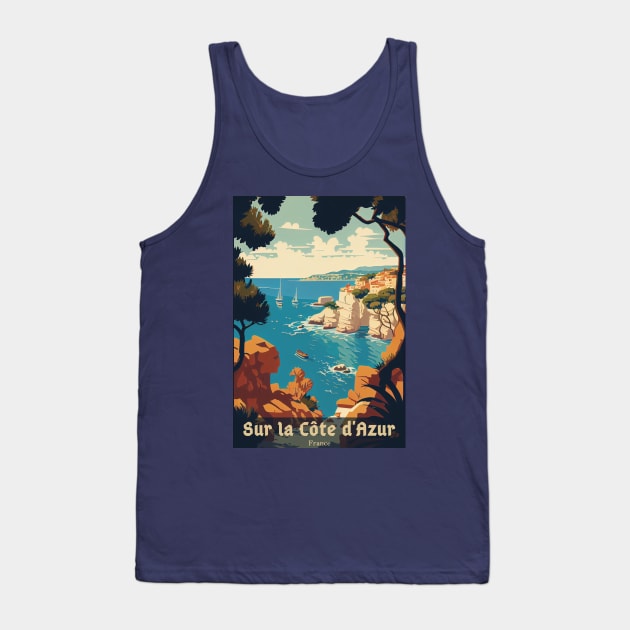 Sur La Cote d' Azur France, French Riviera, Vintage Travel Poster Tank Top by GreenMary Design
